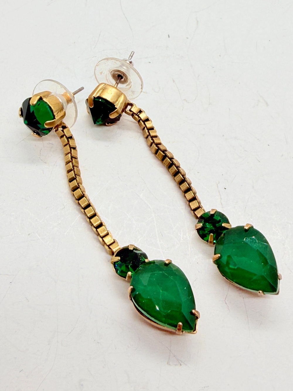 Loren Hope Gold Toned Box Chain Emerald Green Rhinestone Dangle Drop Earrings